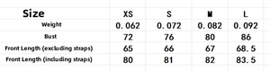 Size chart showing bust measurements and strap length for the lace camisole top