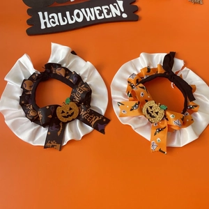 Halloween pumpkin pet collars set for cats and dogs with orange and black festive ruffles
