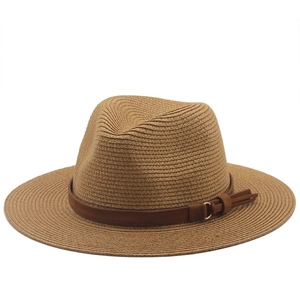 Classic tan raffia fedora with a dark brown leather band and metallic tassel detail