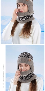 Winter knitted hat and neck gaiter set with Nordic jacquard pattern and leather logo