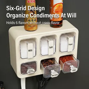 Wall-mounted kitchen spice organizer with 6 transparent drawer compartments for seasoning