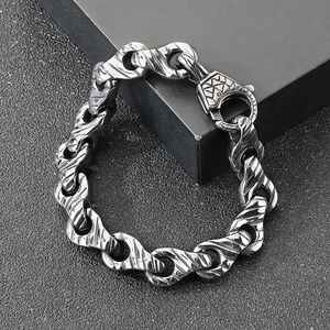 Mens punk stainless steel interlocking handcuff chain bracelet with etched texture