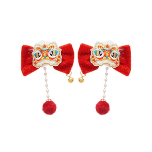 Red velvet Chinese New Year bow hair clips with lion dance embroidery and pearl charms