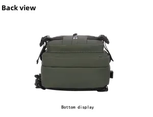 Detail view of the bottom and back structure of the olive green tactical crossbody chest bag