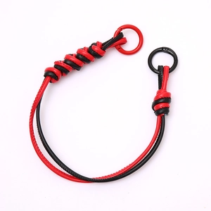 Braided leather wrist strap with red and black contrast PU and metal circular ring clasps