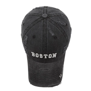 Distressed charcoal gray cotton baseball cap with Boston 3D embroidery and vintage rips