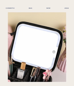 Black cosmetic case with adjustable dividers and a built-in square LED makeup mirror