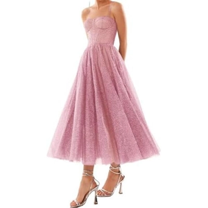 Sparkly pale pink spaghetti strap corset dress with layered A-line sequin skirt