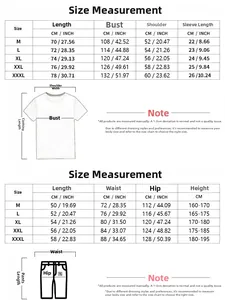 Detailed size chart for men casual sport set including shirt and shorts measurements