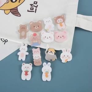 Set of cute acrylic animal badges featuring brown bear and white rabbit for bags