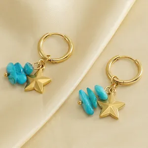 Star Hoop Earrings 18K Gold Plated Stainless Steel With Blue Turquoise Stone Dangle Bohemian Style For Women