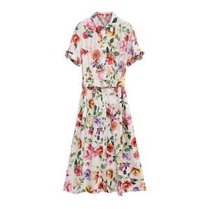 Robe Midi Chemise À Imprimé Fleuri Manches Courtes Avec Ceinture Col Revers Simple Boutonnage Élégante Femme