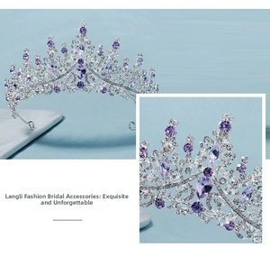 Close-up of luxury bridal crown with purple teardrop crystals and silver base