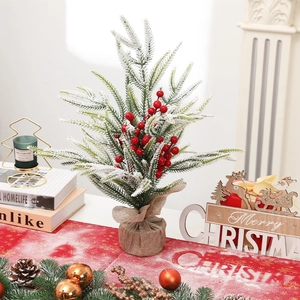 Tabletop snowy PE Christmas tree with red berries and burlap base for festive decor