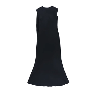 Detailed flat lay of a black sleeveless evening dress with a slim fit mermaid hemline