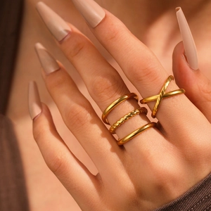 Stainless Steel Geometric Triple Layered Twisted Rope Cross X-Shape Adjustable Open Rings For Women Fashion Jewelry