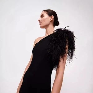 Vestito Da Sera Monospalla Da Donna Nero Decorazione Di Piume Vestibilità Aderente Spacco Maxi Poliestere Festa