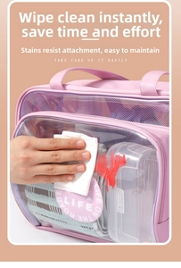 Pink waterproof PVC toiletries bag detail showing easy wipe-clean surface and large capacity