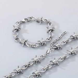 Silver thorn link chain necklace and bracelet set in polished stainless steel