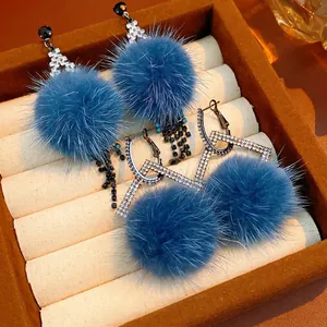 Geometric Rhinestone Blue Fur Ball Earrings With Silver Earring Post Winter Fashion Jewelry For Women