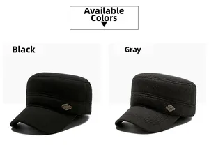 Detail view of men's winter patrol caps in black and gray with metal shield emblem