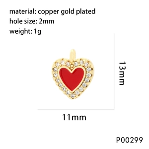 18K gold plated copper heart pendant with red enamel and pavé zircon details