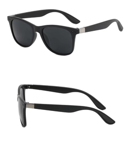 Detailed macro view of classic black sunglasses with durable metal hinges and matte frame
