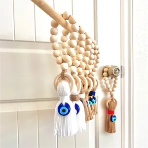 Evil Eye Wood Bead Hanging Ornament With Cotton Tassel Bohemian Door Handle Car Rearview Mirror Wall Decor Charm