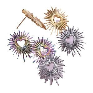 304 stainless steel heart earrings with sunburst radiating lines in gold and silver
