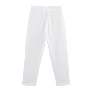 Detail of white high-waist straight-leg suit trousers with faux back welt pockets