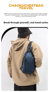 Detail of high-strength wear-resistant fabric on a navy tactical chest bag for men
