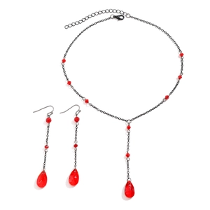 Detail of gothic choker featuring red blood drop pendants and matching teardrop earrings