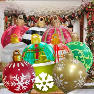 Outdoor inflatable Christmas decorative balls with festive patterns and golden hanging loops