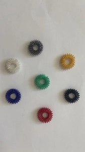 Top view of seven colorful metal spring rings for acupressure finger massage therapy