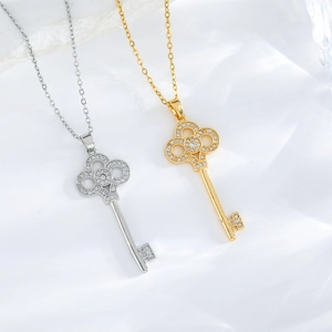 Titanium steel heart key necklaces in gold and silver finish with zircon pendants