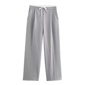 Women's light grey wide-leg trousers with adjustable drawstring waist in a modern style