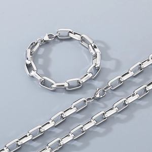 Polished silver stainless steel rectangular link chain bracelet and necklace jewelry set