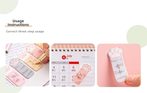 Detailed close-up of cute cat paw sticky notes showing usage steps on a desk calendar