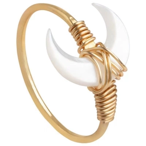 Gold bohemian open bangle with dual white crescent moon resin charms and wire wrap details