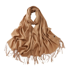 Solid camel cashmere scarf with elegant fringe tassels displayed on white background