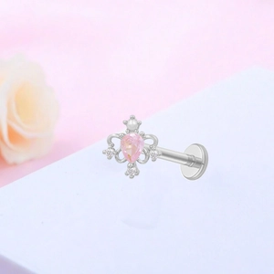 Piercing lèvre couronne en argent avec pierre rose en forme de larme et cristaux blancs