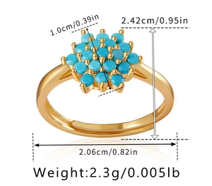 Detailed sizing chart for turquoise gold open ring showing dimensions and weight