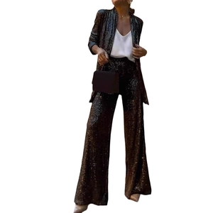 Women's two-piece suit with black sequined blazer and high-waist wide-leg pants
