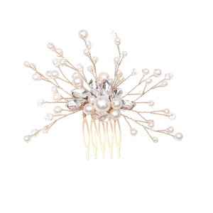 Handmade bridal hair comb with pearls and clear crystals in a rose gold wired floral design