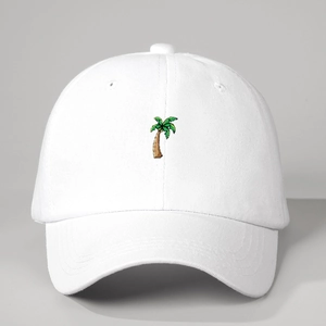 White cotton baseball cap with embroidered palm tree and adjustable curved brim