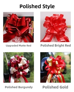 Detailed views of decorative wedding car mirror bows in matte and polished red finishes