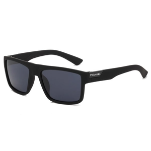 Close-up of polarized lenses and matte black square frame on outdoor cycling sunglasses