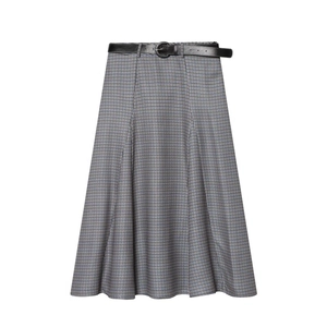 Houndstooth Plaid Midi Skirt High Waist A-Line With Leather Belt Office Lady Retro Casual Women Elegant Polyester