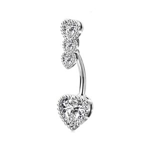 Silver belly button ring with sparkling heart-shaped zirconias and beaded texture detail