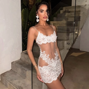 Détail de l'appliqué en dentelle florale sur une mini-robe en mesh transparent